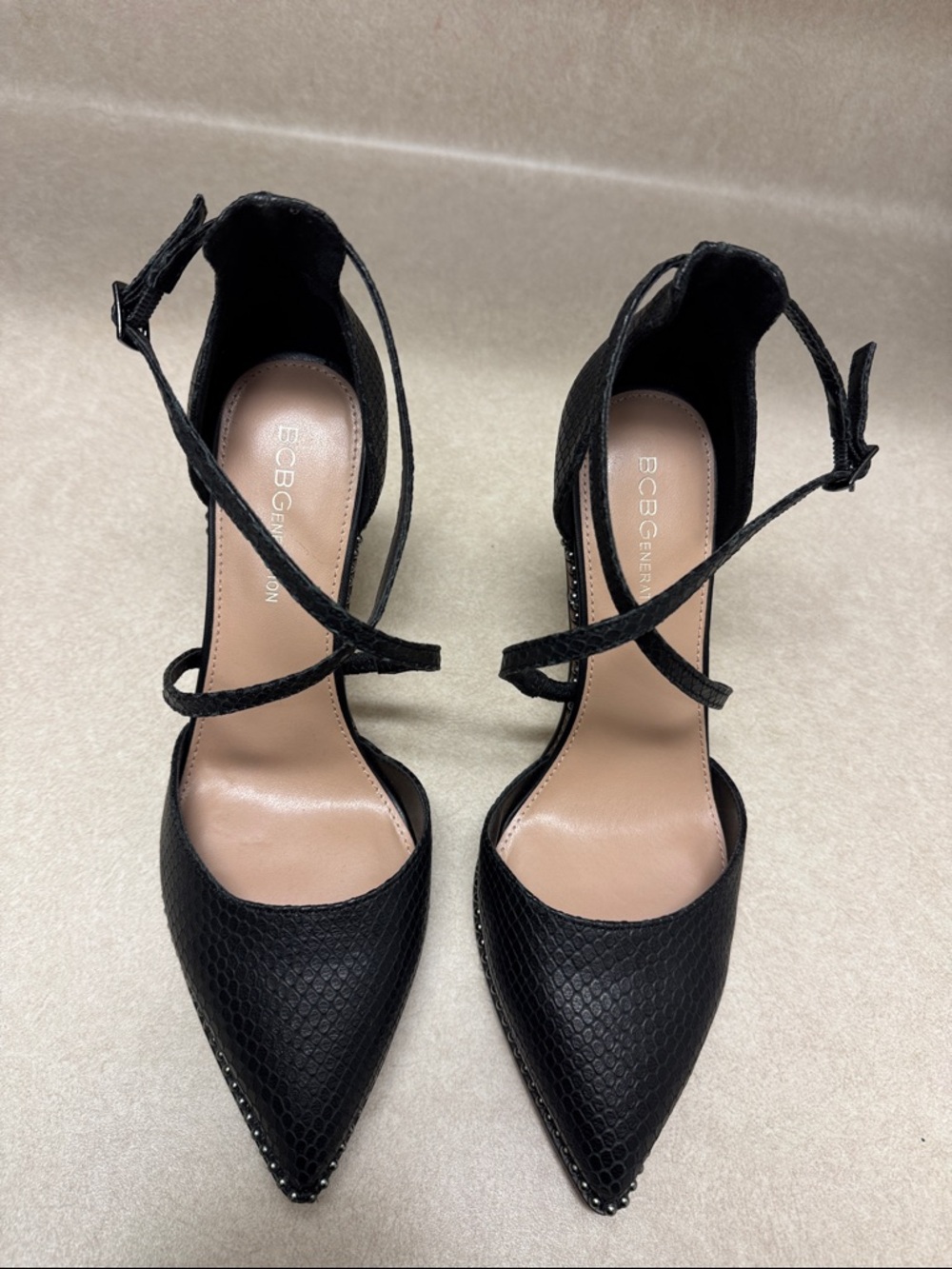 BCBGeneration Black Pointed Toe Crisscross Ankle Strap Heels